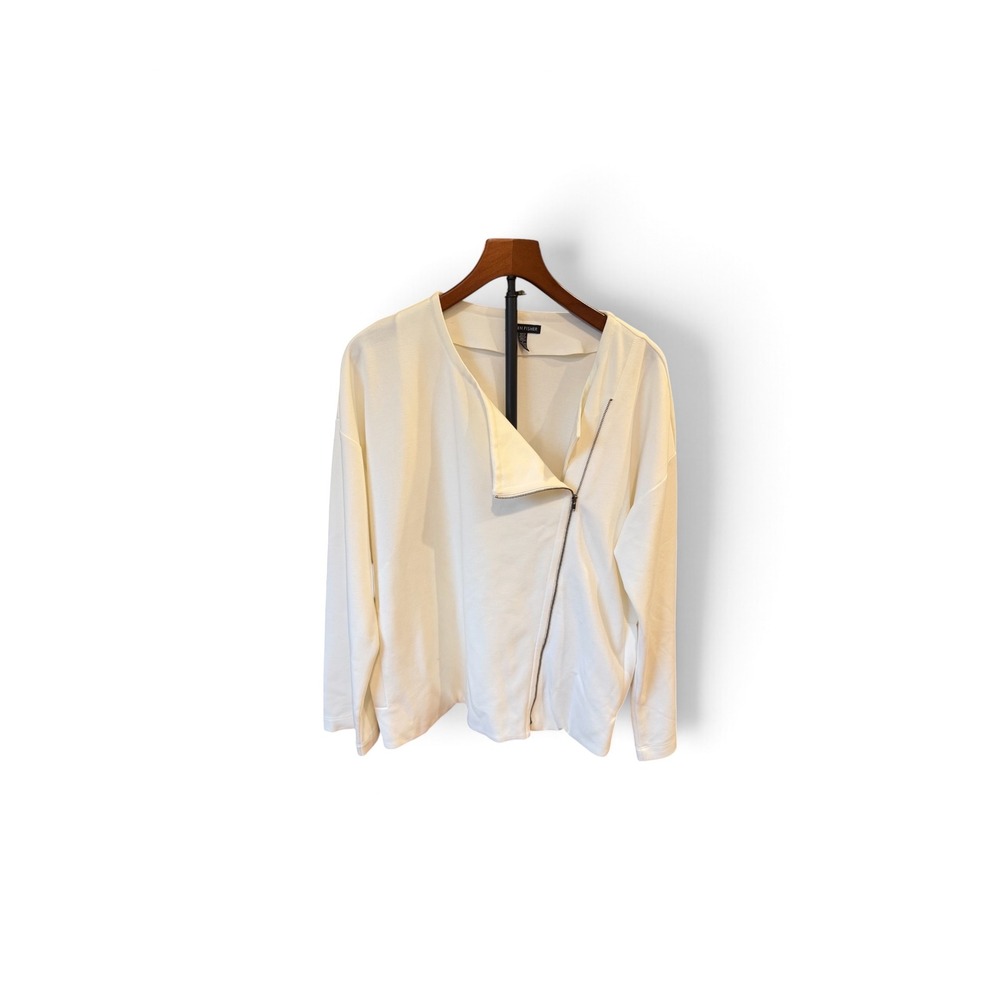Eileen Fisher Cream Asymmetric Zip Moto Cardigan Jacket Modern L Cream Off White